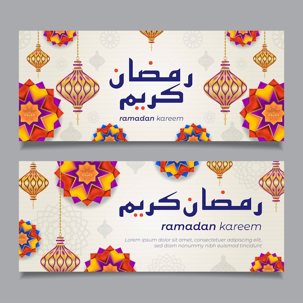 Horizontale banner des ramadan kareem mit 3d arabesken sternen, laterne und blumen. illustration für grußkarte, plakat und gutschein