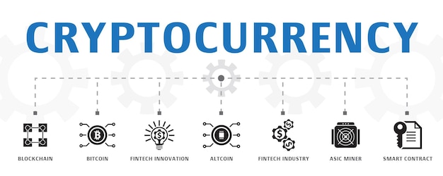 Horizontale bannerkonzeptvorlage für kryptowährungen mit einfachen symbolen. enthält symbole wie blockchain, bitcoin, fintech-innovation