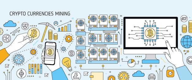 Horizontale bunte Fahne mit Computeranzeige, Handhaltetelefon, Bitcoin-Symbole. Cryptocurrency oder Digital Currency Mining Rig, Farm oder Ausrüstung. Illustration im Strichgrafikstil