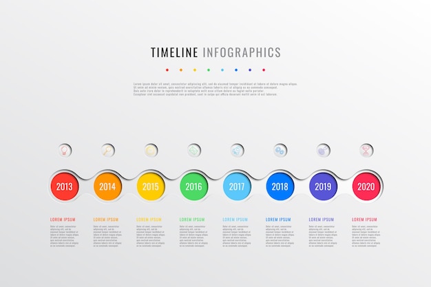 horizontale Business-Timeline mit 8 runden Elementen, Jahresangabe und Textfeldern