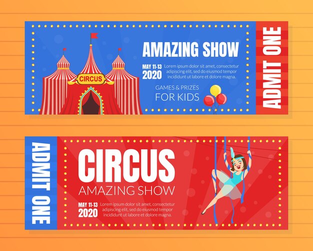 Horizontale eintrittskarten für eine zirkusshow, eine erstaunliche show für kinder, eine vektorillustration.