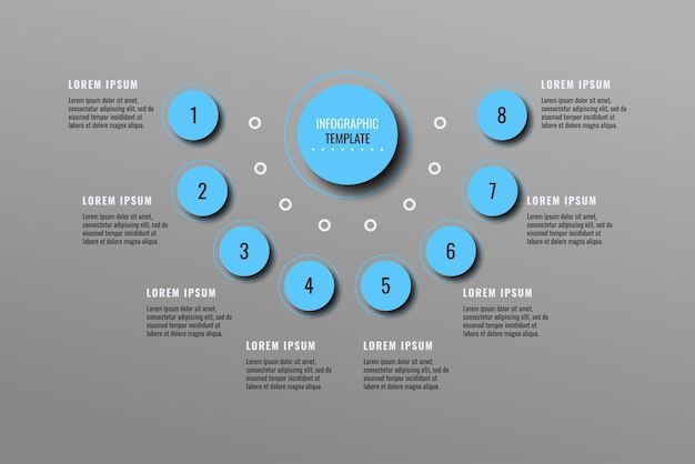 Horizontale graue business-infografik-vorlage mit acht hellblauen runden elementen und textfeldern