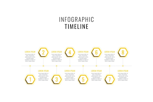 Horizontale infografik-timeline-vorlage mit gelben sechseckigen elementen auf weißem hintergrund