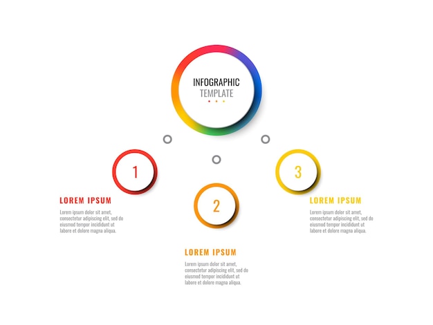 Horizontale infografik-vorlage mit drei runden mehrfarbigen elementen auf weißem hintergrund