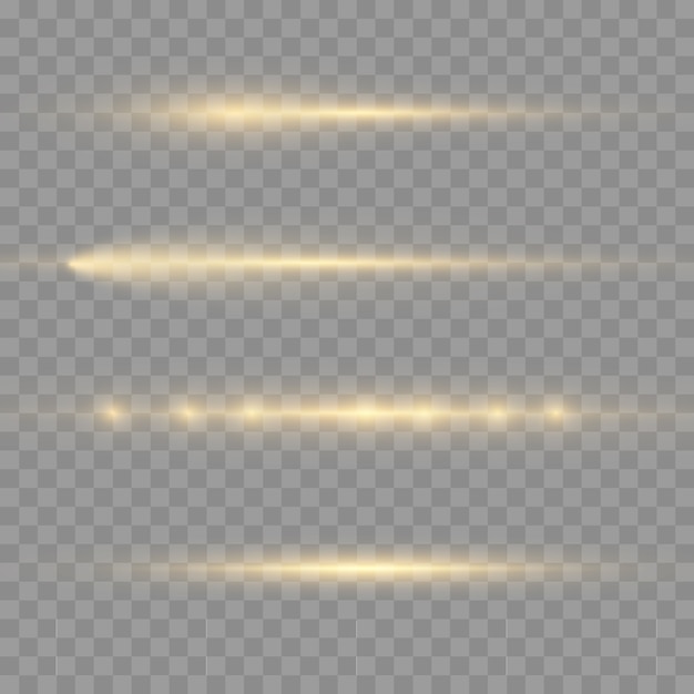 Horizontale Lichtstrahlen, Blitzgelb horizontale Linseneffektpackung, Laserstrahlen, leuchtend gelbe Linie, schöne Lichtfackel, hellgoldene Blendung, Vektorillustration