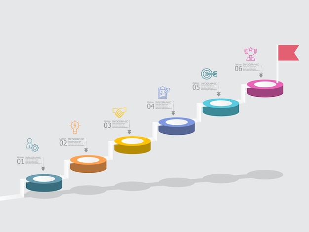 Horizontale schritte zeitleiste infografik-element-berichtshintergrund mit geschäftsliniensymbol 6 schritte