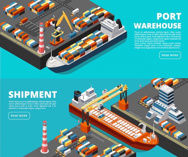 Horizontale seefracht- und versandfahnen des seetransports mit isometrischem seehafen, schiffen, behältern und kran
