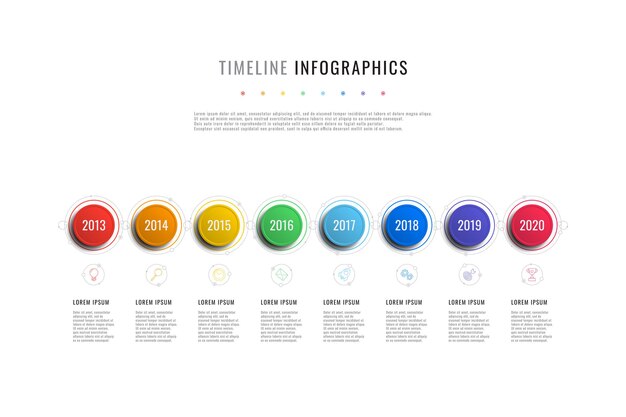 Horizontale timeline-infografik-vorlage mit runden elementen jahresindikatoren und textfeldern