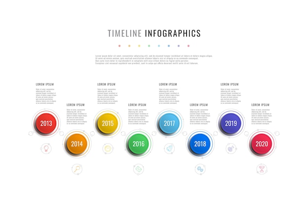 Horizontale zeitachse infografik mit runden elementen jahresindikatoren und textfeldern auf weiß