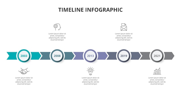 Vektor horizontale zeitleiste mit 7 kreiselementen und pfeilen flache infografik-design-vorlage