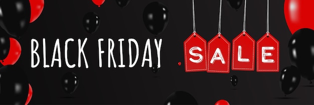 Horizontaler banner des black friday-verkaufs mit luftballons auf schwarzem hintergrund