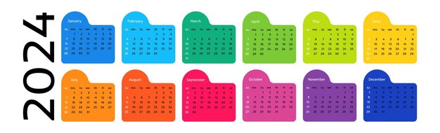 Horizontaler kalender für 2024 isoliert auf weißem hintergrund sonntag bis montag geschäftsvorlage vektorillustration