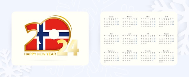 Horizontaler taschenkalender 2024 in norwegischer sprache neujahrs-icon 2024 mit norwegischer flagge