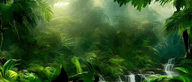 Horizontaler tropischer Dschungellandschaftspanoramablick dichter Wald mit exotischen Palmen und Lianen