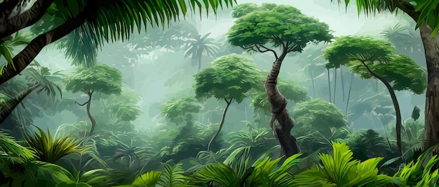 Vektor horizontaler tropischer dschungellandschaftspanoramablick dichter wald mit exotischen palmen und lianen