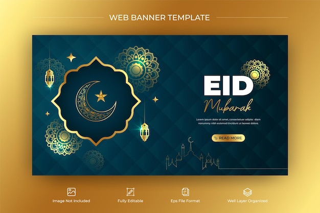 Vektor horizontales banner-design des eid mubarka-festivals mit goldener mandela und laterne