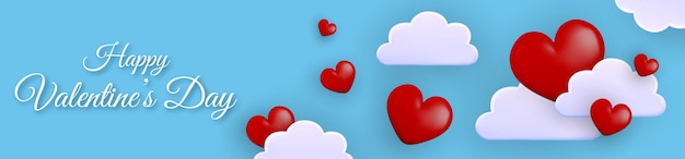 Horizontales Banner Happy Valentines Day Wolken und rote 3D-Herzen auf blauem Hintergrund