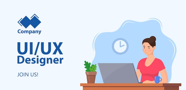 Horizontales banner-konzept für das rekrutierungsweb ui ux-designer erforderlich webdesigner junge frau