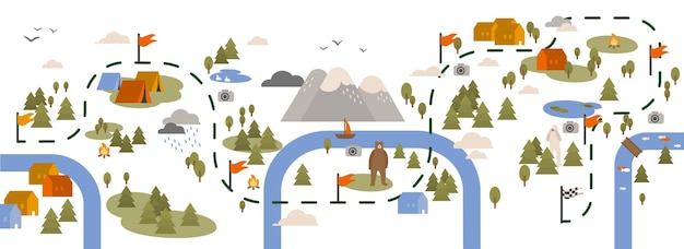 Horizontales banner mit wanderkarte, wanderroute oder fußweg, dekoriert mit touristischen gebieten, campingplätzen und sehenswürdigkeiten, die durch flaggen gekennzeichnet sind. bunte vektorillustration im flachen cartoon-stil.