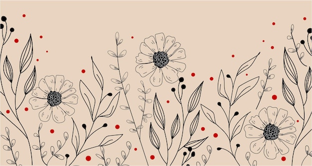 Horizontales banner mit zarten warmen farben und floraler linienkunst mit botanischem vektor