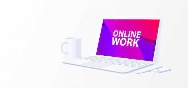 Horizontales Banner zum Thema Online-Arbeit. Laptop öffnen. Minimalismus.