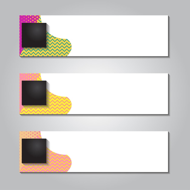 Vektor horizontales bannerdesign mit punktquadrat und gestreiftem memphis-hintergrund
