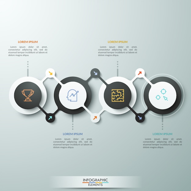 Horizontales diagramm, 4 runde elemente, die auf zwei verschiedene arten verbunden sind, piktogramme mit dünnen linien und textfelder. schritte des arbeitsfortschrittskonzepts.