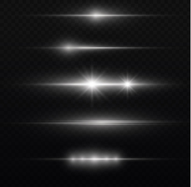 Horizontales laserlinienlicht leuchtende streifen auf dem hintergrund satz weißer highlights funkensterne vektor