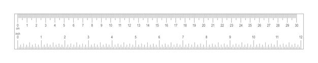 Horizontales Lineal mit 30-Zentimeter- und 12-Zoll-Skala Messtabelle mit Markierungen und Zahlen