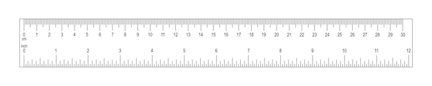 Horizontales lineal mit 30-zentimeter- und 12-zoll-skala messtabelle mit markierungen und zahlen