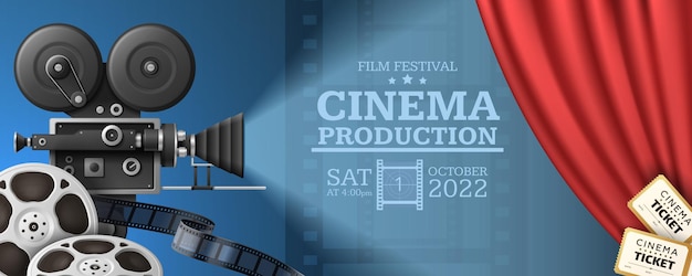 Vektor horizontales plakat des kinofestivals mit realistischen camcorderspulenkarten und roten vorhängen gegen blaue hintergrundvektorillustration