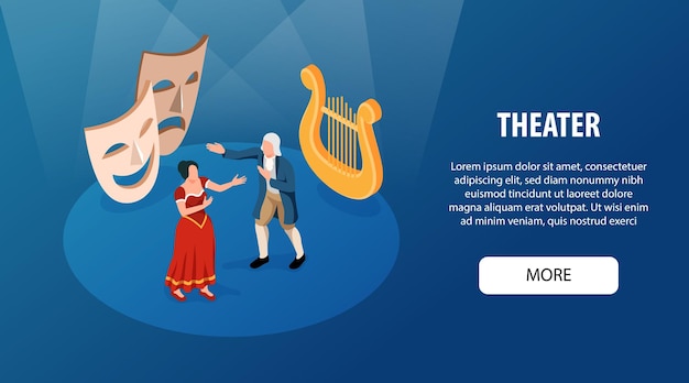 Horizontales Theaterbanner mit männlichen und weiblichen Musikschauspielern, die eine isometrische Vektorillustration einer Opernarie aufführen
