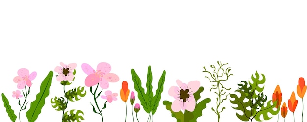 Vektor horizontales weißes banner oder floraler hintergrund, dekoriert mit hübschen, farbenfrohen, blühenden blumen und blättern