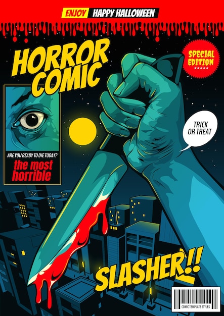 Vektor horror-comic, fröhliche halloween-cover-vorlage, hand, die ein messer auf nachtstadthintergrund hält.