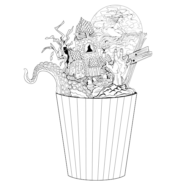 Horror-popcorn abstrakte illustration für einen spinechiller-film in einem popcorn-cup horrorfilmfestival