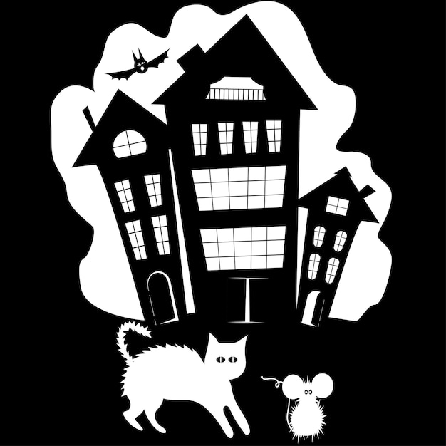 Horror-vektor-illustration für halloween auf einem schwarzen haus-fledermaus-gost von katz und maus auf einer karte