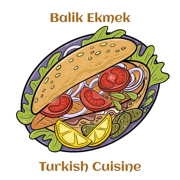 Hot Balik Ekmek Fischsandwich mit gegrillter Makrele Traditionelles Street Food türkische Küche Cartoon-Illustration