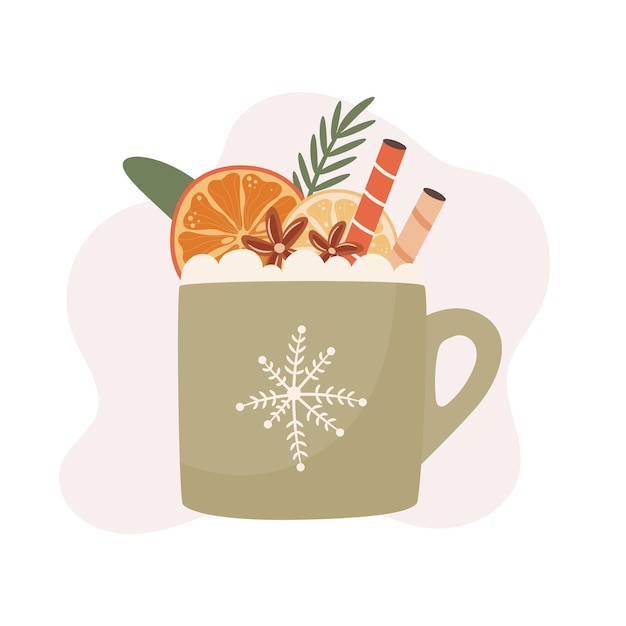 Hot christmas cacao dekoriert mit orangen, zitrone und anis sterne vektor-illustration