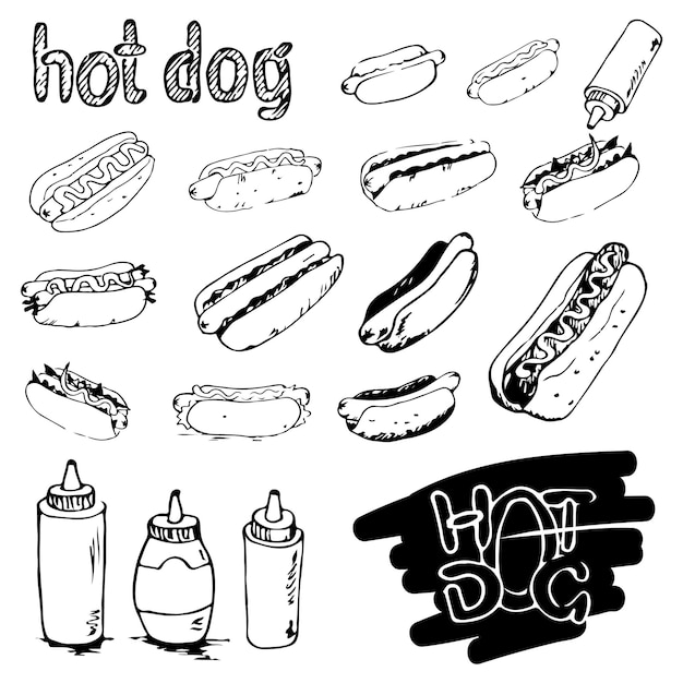 Hot dog handgezeichnete reihe von illustrationen. fast-food-designelemente, skizzen von hotdogs.