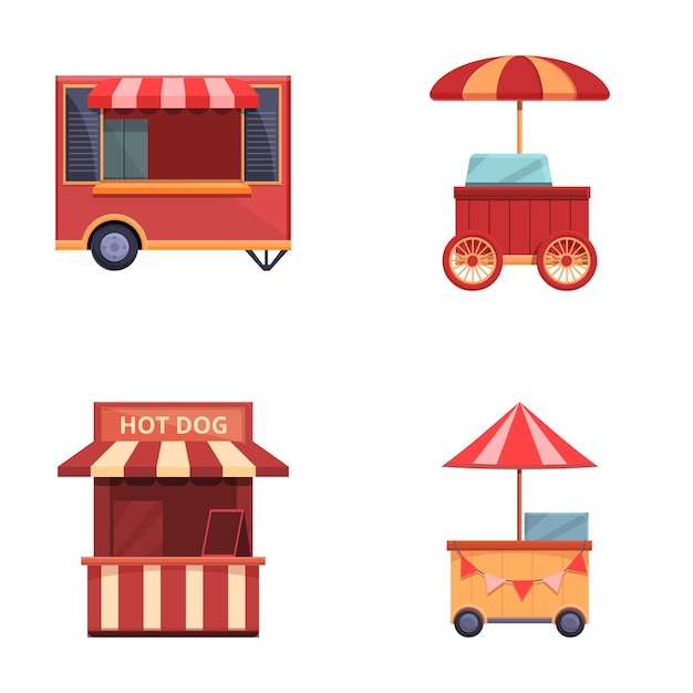 Hot-Dog-Ikonen-Satz Cartoon-Vektor Hot Dog-Street-Food-Wagen