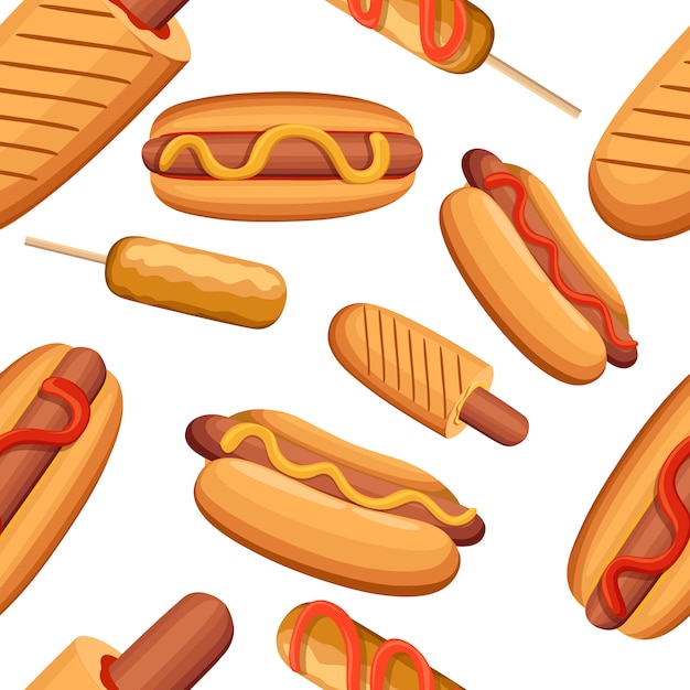 Vektor hot dog, maishund. arten von fast-food-produkten. auf weißem hintergrund, illustration. nahtlos.