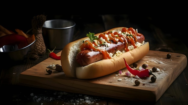 Vektor hot dog mit senf-ketchup-gurke und tomate auf küchenholzbrett