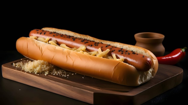 Vektor hot dog mit senf-ketchup-gurke und tomate auf küchenholzbrett