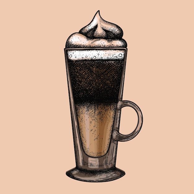 Hot handgezeichneter Latte-Vektorbecher im Vintage-Stil im Rahmen auf weißem Hintergrund