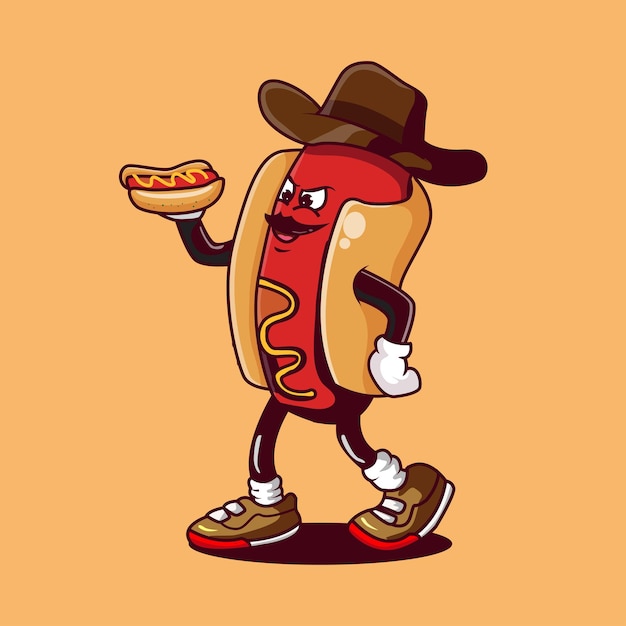 Hotdog cowboy cartoon maskottchen mit hotdog