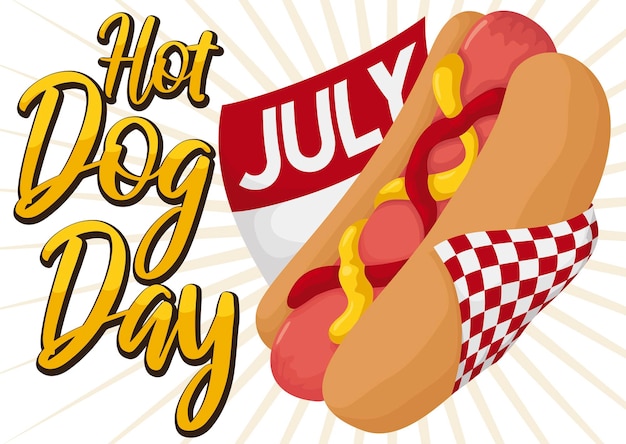 Hotdog in quadratischer Serviette und Kalender, um seinen Tag im Juli zu feiern