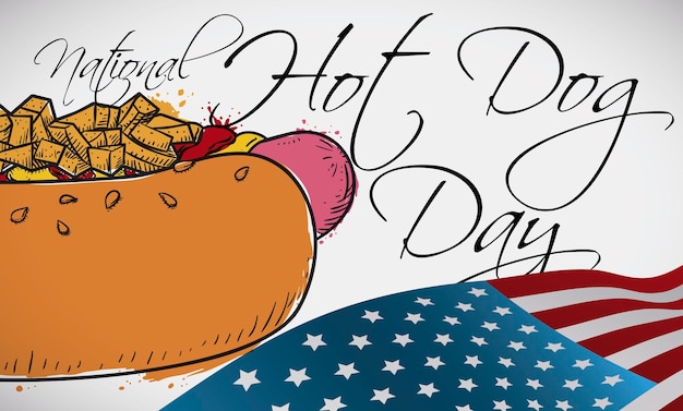 Hotdog-zeichnung und usa-flagge bereit, einen köstlichen hot dog-tag zu feiern