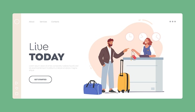 Hotel ankunft tourismus inn service landing page template rezeptionist charakter stand am lobby-schreibtisch geben sie den zimmerschlüssel