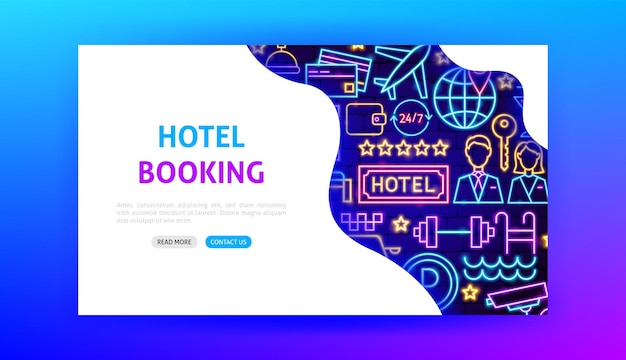 Hotel neon-landingpage. vektor-illustration der unternehmensdienstleistungsförderung.