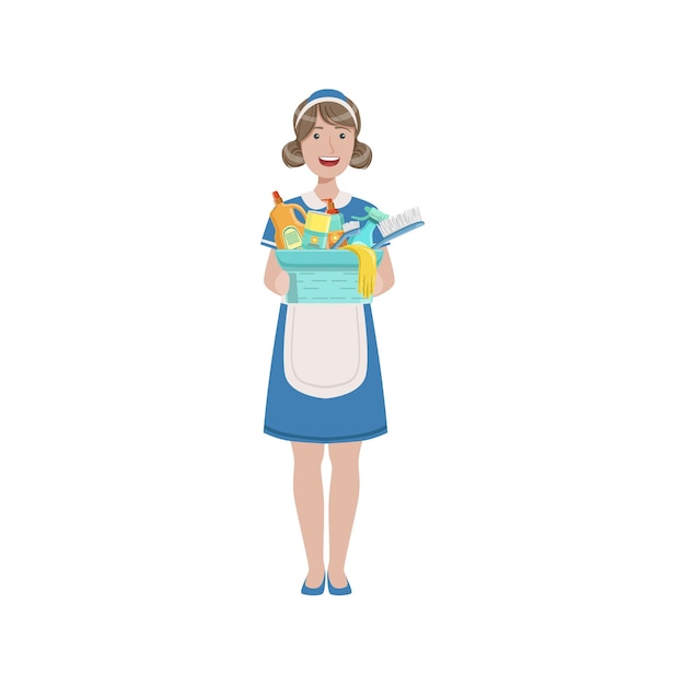 Vektor hotel professional maid mit eimer haushaltschemikalien illustration